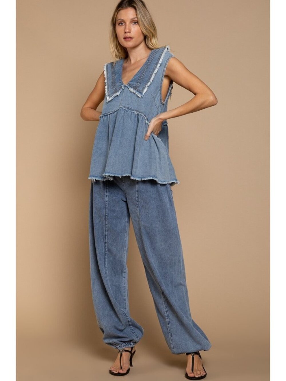 POL FWT134 Plus Sizes Denim Blue Babydoll Tank NWT Sleeveless V Neck Boho Top